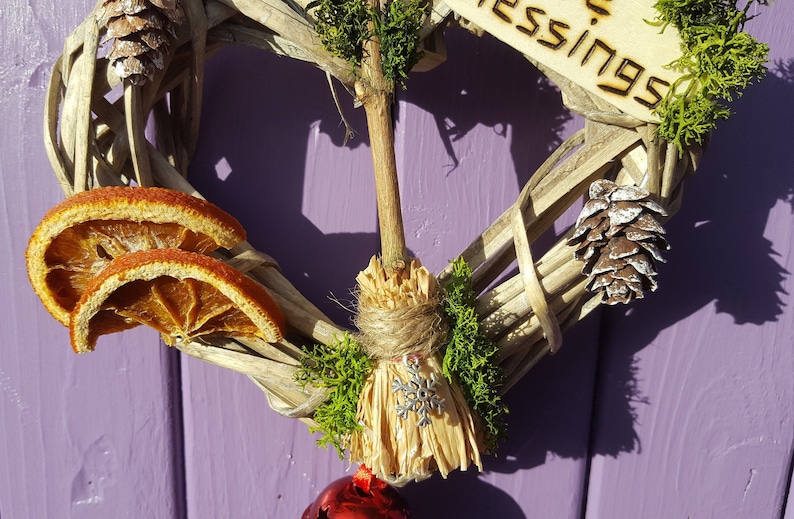 Xmas Wall Hanging Dried Oranges Heart Yule Wreath Festive Door Hanger Miniature Broomstick Wiccan Besom Broom Yuletide Decoration