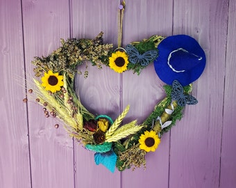 Blue Witchy Wreath, Lavender Door Hanger, Wheat Wall Hanging, Pagan Flower Besom, Sunflower Decoration, Miniature Broomstick, Harvest Home
