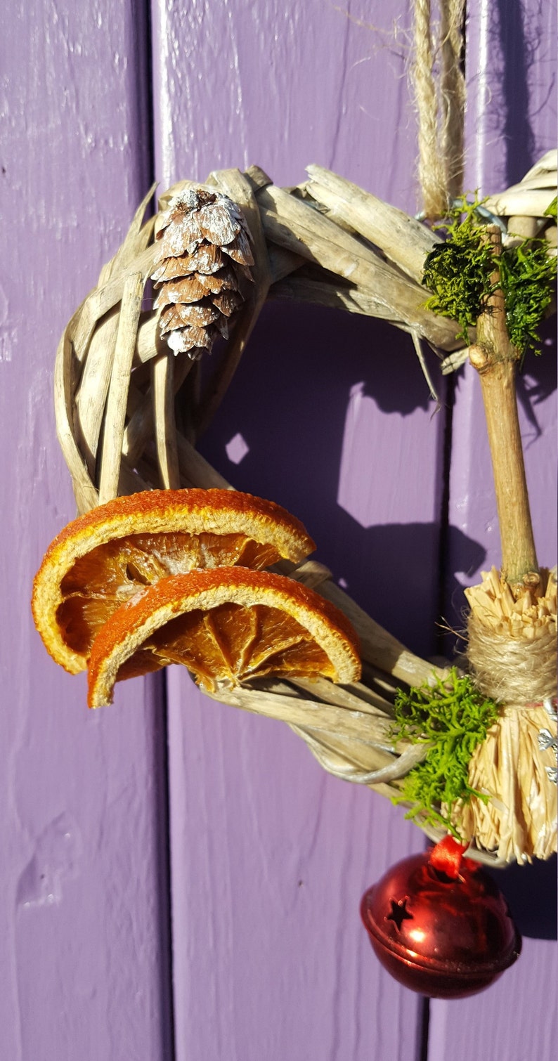 Xmas Wall Hanging Dried Oranges Heart Yule Wreath Festive Door Hanger Miniature Broomstick Wiccan Besom Broom Yuletide Decoration