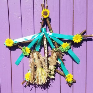 Corn Dolly Pentacle, Beltaine Pentagram, Beltane Door Hanger, Mayday Home Decor, Maypole Wall Hanging, Witches Ornament, Sunflower Decor