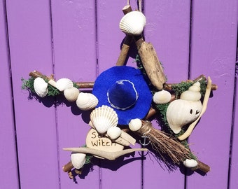 Sea Witch Sign, Driftwood Pentagram, Witches Pentacle, Miniature Broomstick, Pagan Birch Besom, Blue Felt Witchy Hat, Seashell Decoration