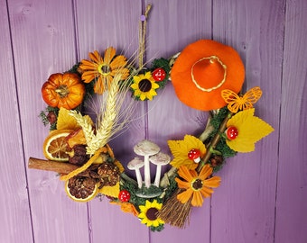 Orange Witchy Wreath, Wiccan Door Hanger, Wheat Wall Hanging, Harvest Home Decor, Sunflower Decoration, Miniature Broomstick, Pagan Birch