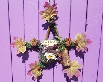 Blessed Be Pentacle, Witches Pentagram, Wiccan Door Hanger, Witch Wall Hanging, Pagan Flower Basket, Miniature Pumpkin, Druid Birch Besom