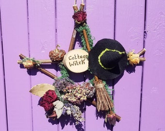 Cottage Witch Decor, Witches Pentagram, Birch Besom Pentacle, Witchy Home Flowers, Miniature Broomstick, Green Black Felt Hat, Wiccan Door
