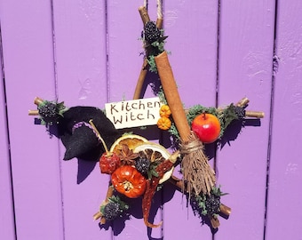 Kitchen Witchy Sign, Witches Pentacle, Pumpkin Pentagram, Cinnamon Broomstick, Wiccan Birch Besom, Black Felt Witch Hat, Pagan Door Hanger