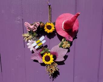Pink Witches Wreath, Wiccan Door Hanger, Daisy Wall Hanging, Miniature Broomstick, Pagan Birch Besom, Sunflower Decoration, Witchy Home
