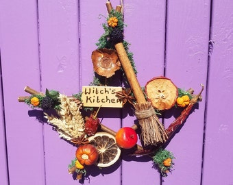 Witch's Kitchen Sign, Witches Pentagram, Cottage Pentacle, Cinnamon Broomstick, Pagan Birch Besom, Wheat Home Decor, Pumpkin Decoration