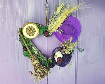 Purple Witch Wreath, Lavender Door Hanger, Wheat Wall Hanging, Harvest Decoration, Pumpkin Home Decor, Miniature Broomstick, Pagan Birch