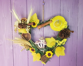 Yellow Witch Wreath, Wiccan Door Hanger, Wicker Wood Decor, Pagan Wall Hanging, Sunflower Decoration, Miniature Broomstick, Witchy Birch