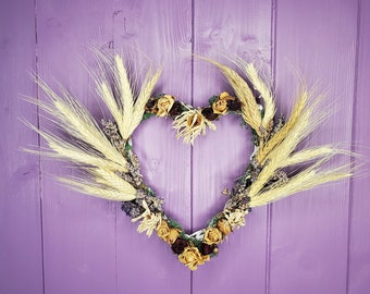 Dried Flower Wreath, Lavender Door Hanger, Wheat Wall Hanging, Pink Rose Decoration, Harvest Home Decor, Rustic Cottage Core, Pagan Nature