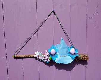 Hanging Easter Broom, Ostara Blessings, Witches Birch Besom, Miniature Broomstick, Blue Felt Witch Hat, Wiccan Decoration, Spring Home