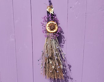 Purple Flower Besom, Miniature Broomstick, Birch Witches Broom, Dried Lavender Decor, Wiccan Decoration, Pagan Ritual Altar, Floral Witch