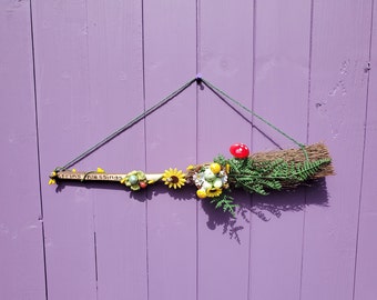 Green Hanging Besom, Miniature Broomstick, Witches Birch Broom, Spring Blessings, Easter Egg Basket, Pagan Eostre Altar, Witch Vernal