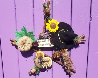 Bright Blessings, Witches Pentagram, Pumpkin Pentacle, Miniature Broomstick, Pagan Birch Besom, Altar Broom Hanging, Wiccan Door Hanger