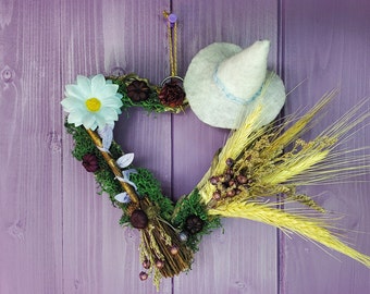 Witchy Broom Wreath, Lavender Door Hanger, Wheat Wall Hanging, Miniature Broomstick, Pagan Birch Besom, White Felt Witch Hat, Wiccan