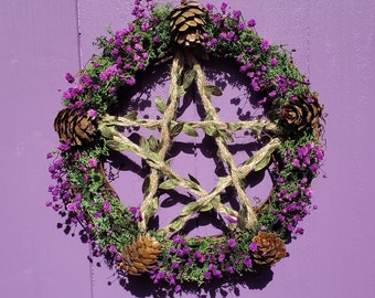 Pentagram Wreath, Pentacle Door Hanger, Wiccan Wall Hanging, Pine Cone Decoration, Witches Home Decor, Pagan Nature Altar, Witch Cottage