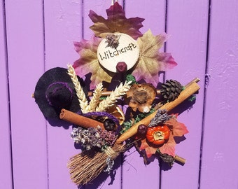 Witchcraft Decor, Witches Pentagram, Birch Besom Pentacle, Black Felt Witch Hat, Cinnamon Broomstick, Pagan Door Hanger, Wiccan Wall