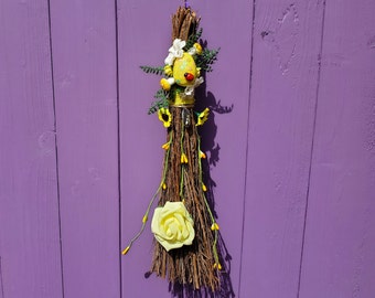 Yellow Ostara Besom, Miniature Broomstick, Witches Birch Broom, Easter Door Hanger, Wiccan Wall Hanging, Pagan Eostre Altar, Toadstool