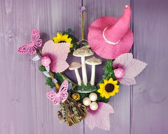 Pink Witch Wreath, Lavender Home Decor, Sunflower Decoration, Broom Wall Hanging, Wiccan Door Hanger, Miniature Broomstick, Pagan Birch