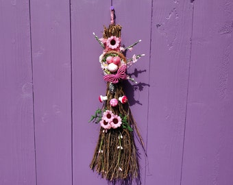 Pink Ostara Besom, Miniature Broomstick, Witches Birch Broom, Spring Home Decor, Wiccan Decoration, Pagan Eostre Altar, Witch Vernal Equinox