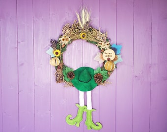 Flower Witchy Wreath, Green Felt Witch Hat, Miniature Broomstick, Pagan Birch Besom, Wiccan Wooden Sign, Witches Door Hanger, Herb Wall