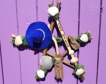 Sea Witch Decor, Seashell Pentagram, Witches Pentacle, Blue Felt Witchy Hat, Driftwood Broomstick, Pagan Birch Besom, Wiccan Door Hanger