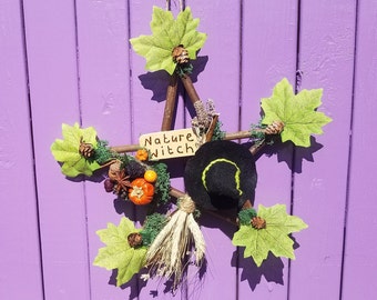 Nature Witch Sign, Lavender Pentacle, Witches Pentagram, Miniature Broomstick, Green Black Felt Hat, Dried Wheat Besom, Pagan Door Hanger