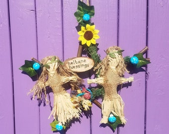 Corn Dolly Pentacle, Mayday Pentagram, Beltaine Door Hanger, Beltane Wall Hanging, Spring Flower Basket, Pagan Summer Altar, Witch Oak Wood