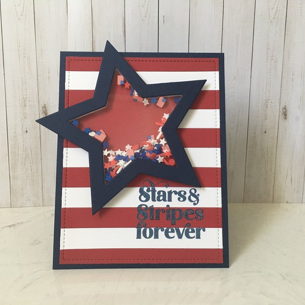 Handmade 4th of July Shaker Card, Patriotic Card, Independence Day Card, American Flag Card, Stars & Stripes, Red/White/Blue, Celebrate Card