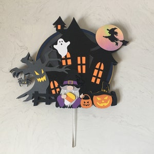 Halloween Cake Topper with LED lights, Haunted House Cake Topper, Halloween Decorations, Vampire Gnome, Spooky Cake Topper, Halloween Party