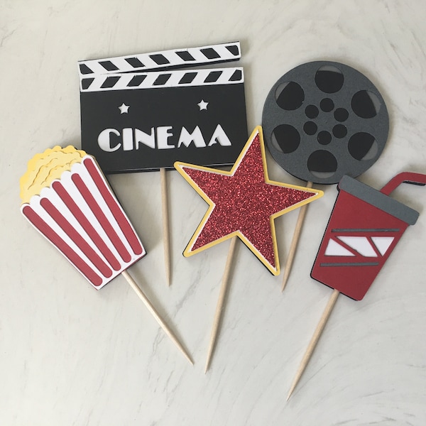 Movie Theater Cupcake Toppers, Movie Night Birthday, Movie Party Decor, Cinema Cupcake Toppers, Movie Night Cupcake Toppers (10 pieces)