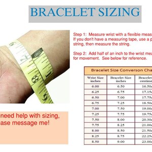 May include: A chart showing how to measure your wrist for bracelet sizing. The chart includes wrist size in inches, bracelet size in inches, and bracelet size in centimetres. The chart also includes a picture of a wrist being measured with a tape measure.