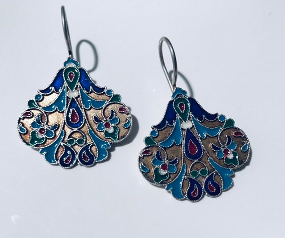 Vintage Turkish silver enameled Earring-Enameled … - image 2