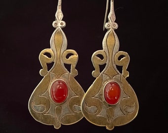Tribal Earrings , Carnelian Earrings, Turkmen Earring , gold gilded And silver earrings- tribal earrings- silver earrings-