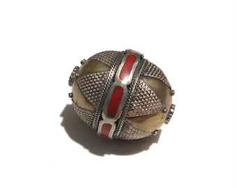Vintage Turkmen Silver Bead: Red Enamel Inlay, Afghan Tribal Jewelry