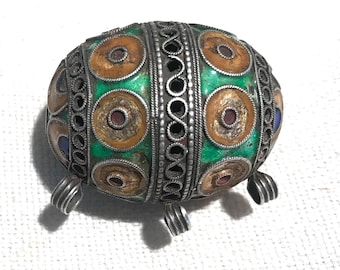 Antique Berber Silver Enameled Bead: Moroccan Tribal Jewelry
