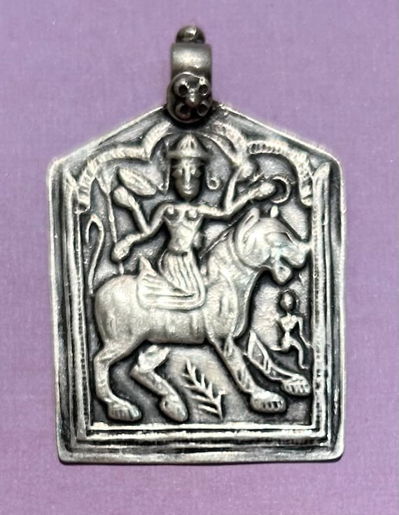 Antique silver Durga  goddess pendant- Silver pend