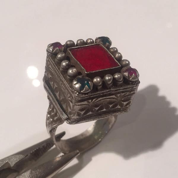 Size 10.5  Antique Silver Ring/Kochi Tribe old silver Ring/Old glass/Exotic collectible statement /vintage/gypsy Style/Tribal/Ethnic/NJN1022