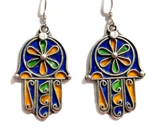 Vintage style Berber enamelled Khamza silver earring- Berber Jewellery- enamelled jewellery- Moroccan jewelry- talisman earring -