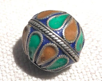 Antique Berber Silver Enameled Bead: Moroccan Tribal Jewelry (21mm)