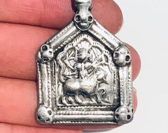 Antique Silver Durga Goddess Pendant - Rajasthani Indian Jewelry