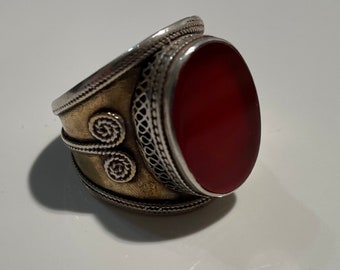 Size 9 Turkmen tribe gold gilded silver Ring - tribal ring - Carnelian ring - Turkmen ring - silver ring - gold gilded ring - Ethic ring