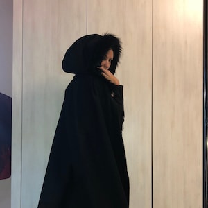 Black Wool Hooded Cloak, Wool Hooded Coat Fur, Halloween Cloak, Wool Fur Hooded Cape, Raven Cloak, White Wool Hooded Cloak