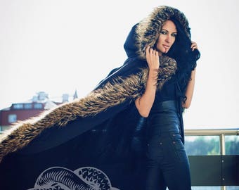 Hooded Cloak, Black Hooded Coat With Faux Fur, Halloween Cloak