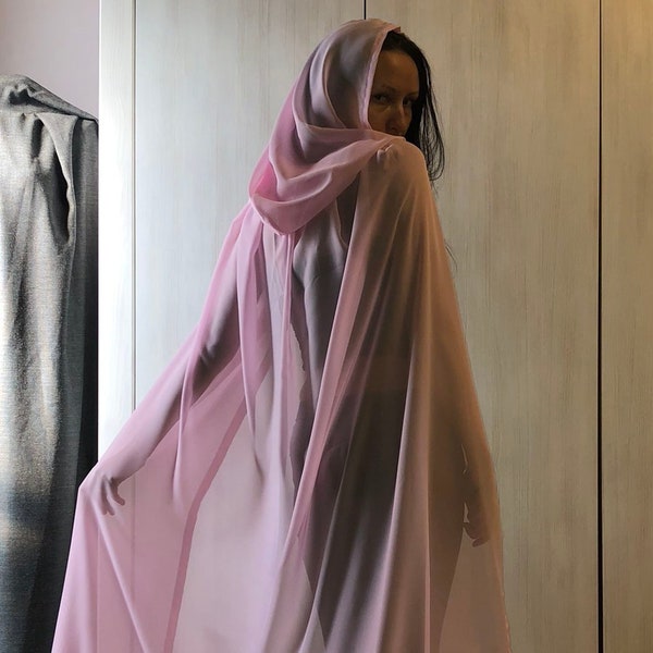 Chiffon Hooded Cape, Silk Cape, Cosplay Cloak, Sheer Hooded Cloak, Wedding Cloak, Sheer Hooded Cloak