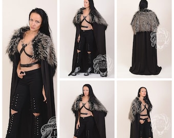 Black Cape Fur Collar Leather Straps, Halloween Cape, Wasteland, Fur Shoulder Drape Cloak, Cosplay Cloak, Viking Shaman Wasteland Fur Cape