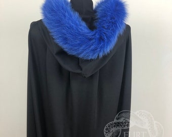 Black Hooded Cape, Elven Cloak, Blue Fox Fur Hood, Fox Fur Hooded Cape, Hooded Cloak