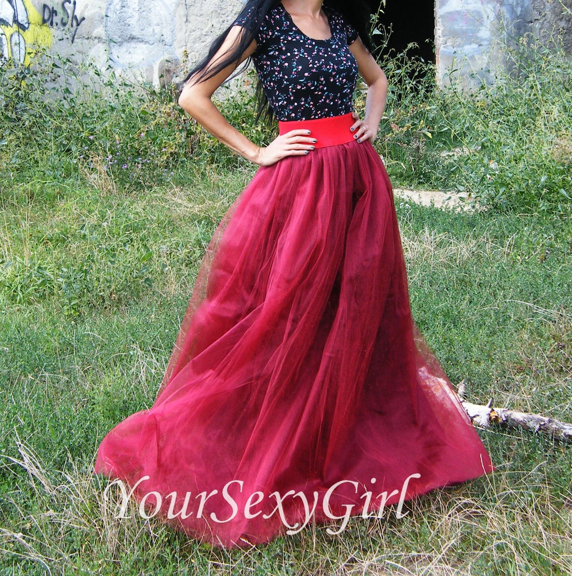 burgundy tulle maxi skirt