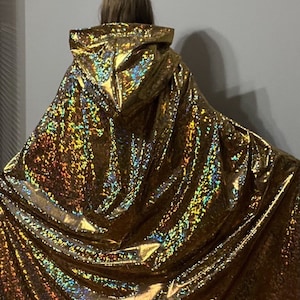 Gouden cape met capuchon, hologrammantel, armworstelcape, koninginmantel, cosplaycape met capuchon, gouden bruiloft, burlesquecape, glanzende cape met capuchon