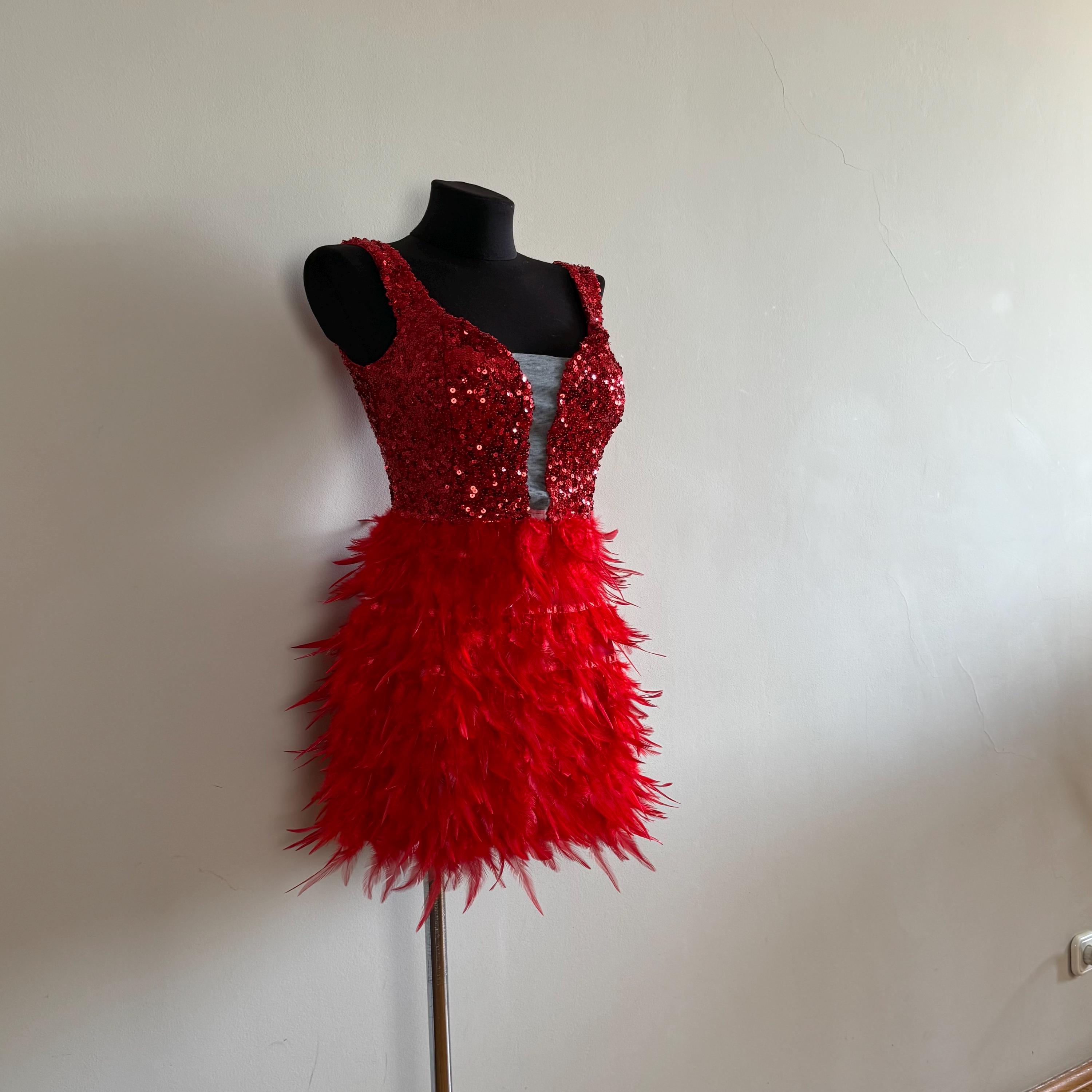 knee length dresses for ladies Meet Me There Sequin Feather Mini Dress - Red, Large | Hazel and Olive main image 0